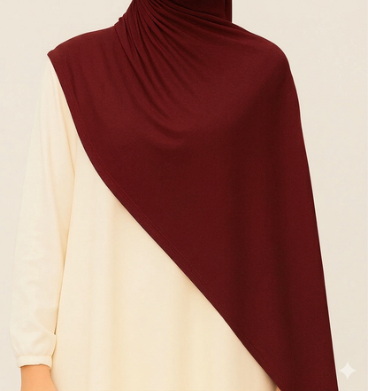 Maroon cotton jersey hijab from Muslimah.de, 70x170cm, soft and comfortable for everyday wear, shown draped on a mannequin.
