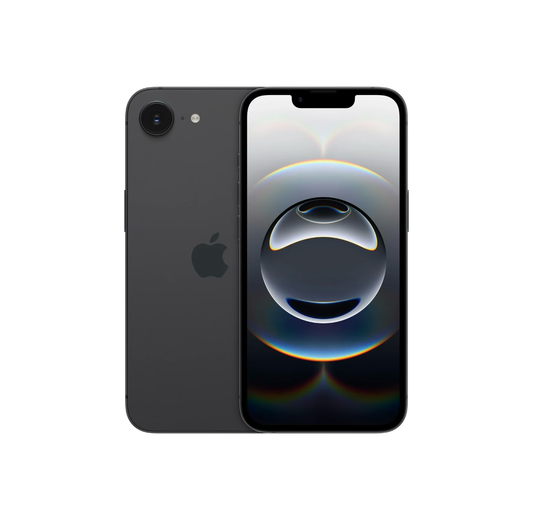 Nova Market Apple iPhone 16e smartphone with sleek design and dual camera setup, black color, front and back view.