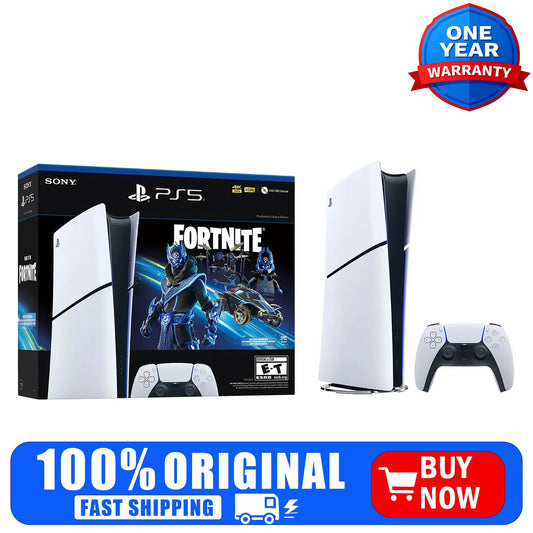 White Sony PlayStation 5 Digital Edition console with Fortnite Cobalt Star Bundle and 825GB storage, displayed on a plain background.