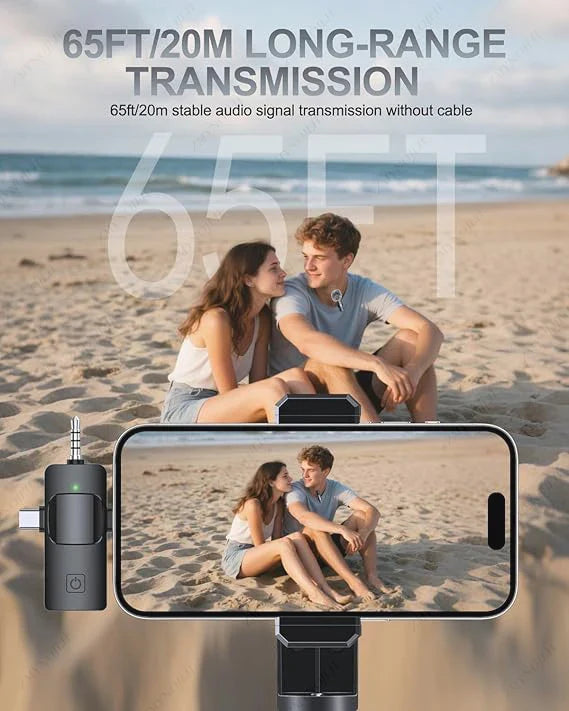 Wireless Lavalier Microphone by OBA for iPhone and Android devices, ideal for live recording and audio capture.