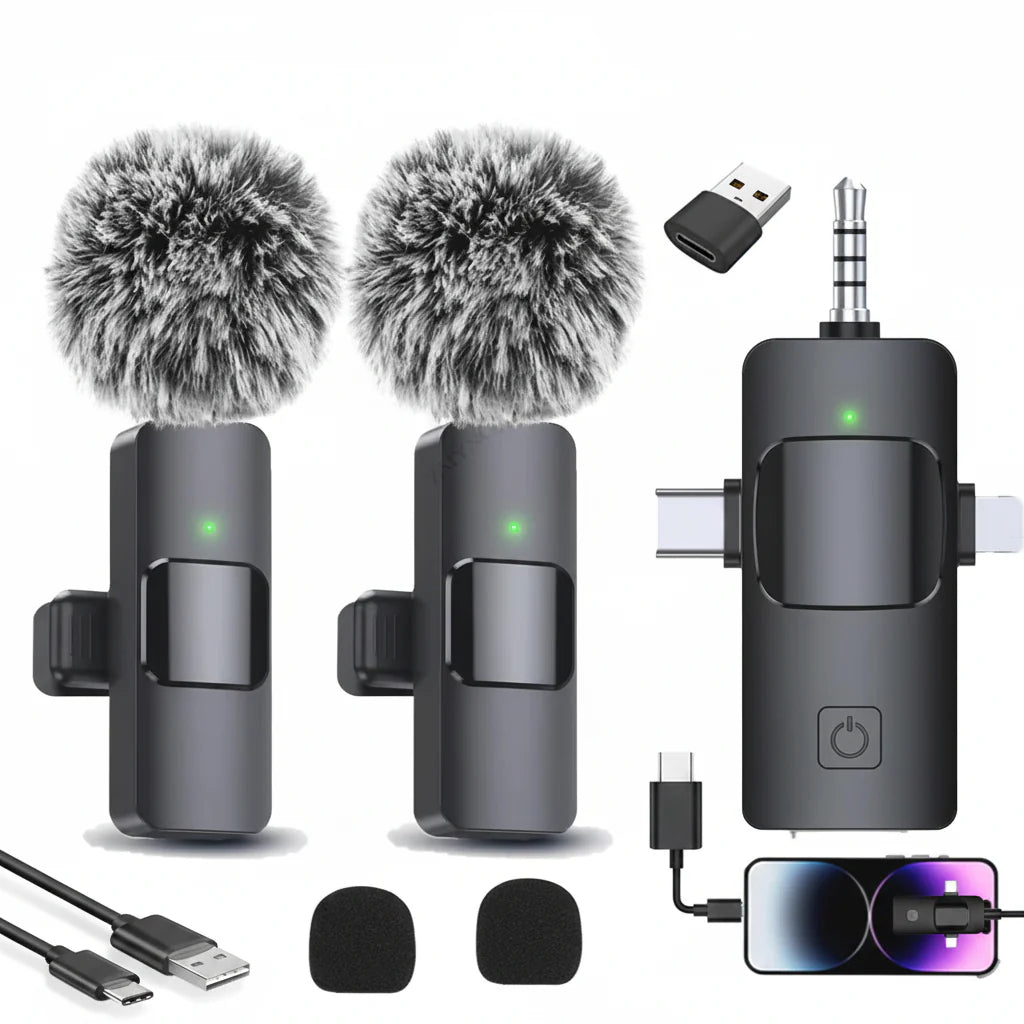 Wireless Lavalier Microphone by OBA for iPhone and Android, ideal for live recording and audio capture.