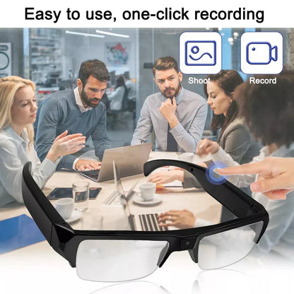 Black 1080P HD mini camera glasses with built-in DVR for discreet wearable video recording, ideal for security and surveillance.