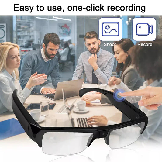 Black 1080P HD mini camera glasses with built-in DVR for wearable security and discreet video recording by OBA.