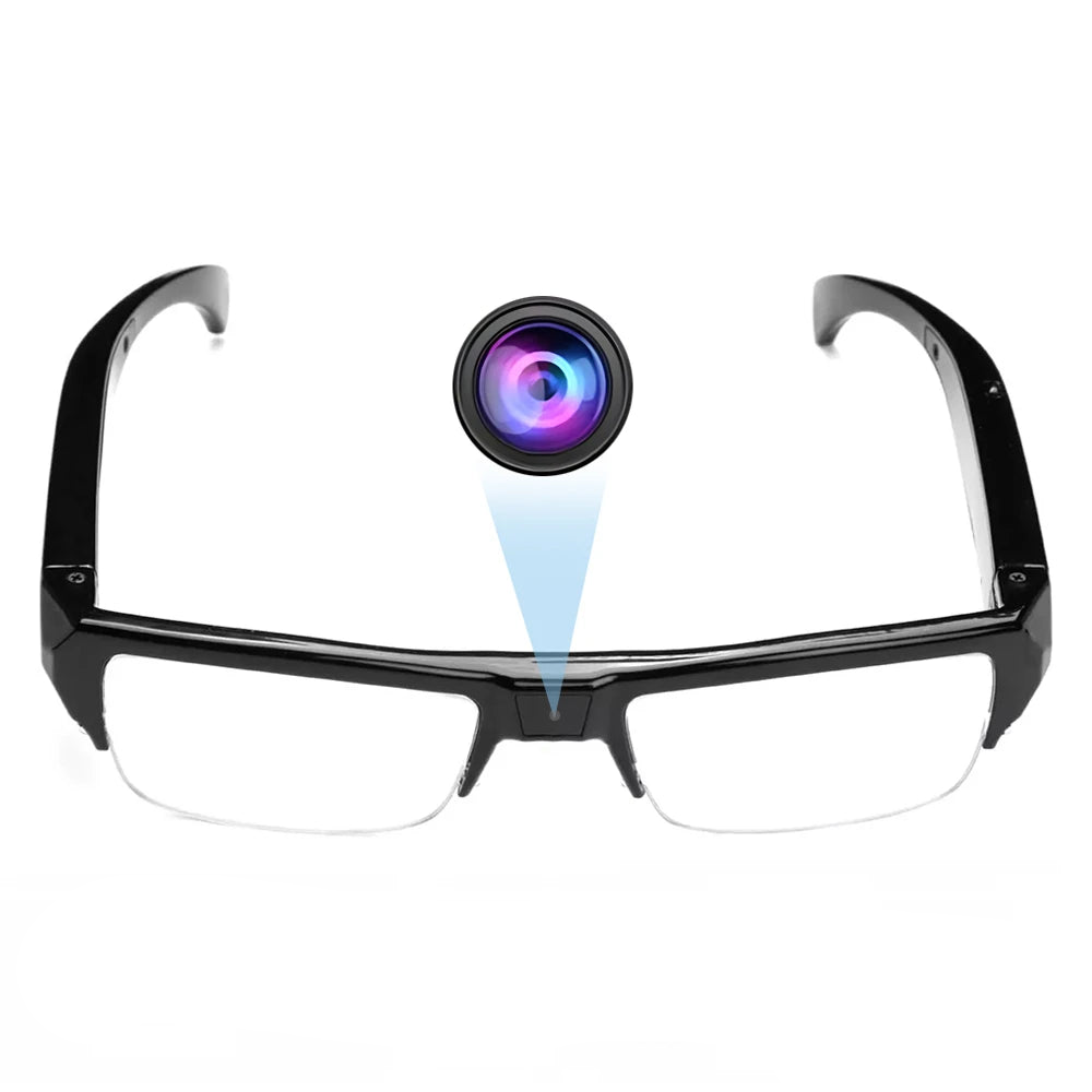 Black 1080P HD mini camera glasses with built-in DVR, wearable security camera for discreet video recording by OBA.