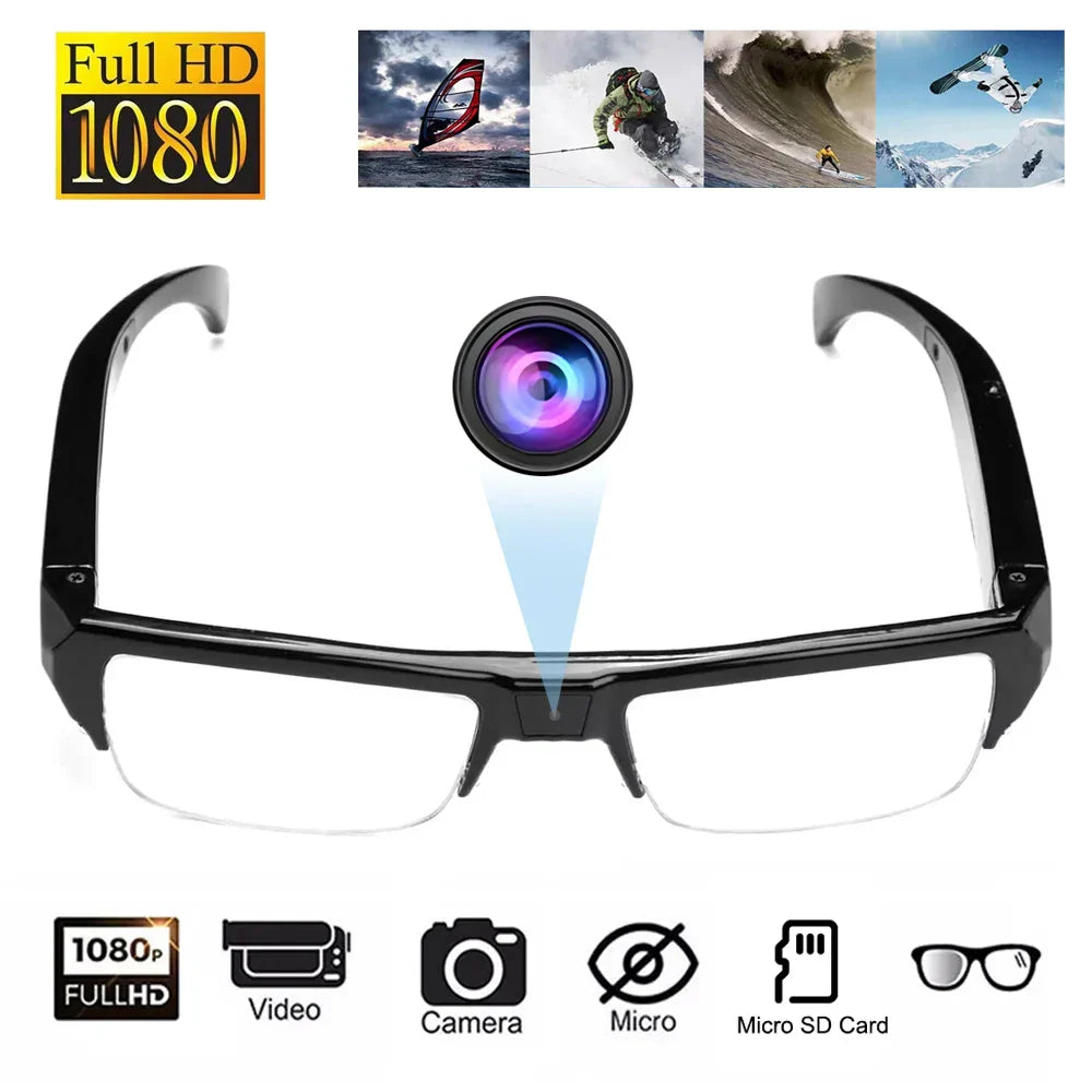 OBA 1080P HD mini camera glasses wearable DVR video recorder in black, with sleek design and integrated camera lenses.