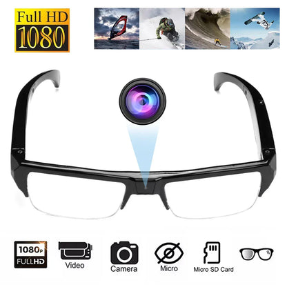 OBA 1080P HD mini camera glasses wearable DVR video recorder in black, with sleek design and integrated camera lenses.
