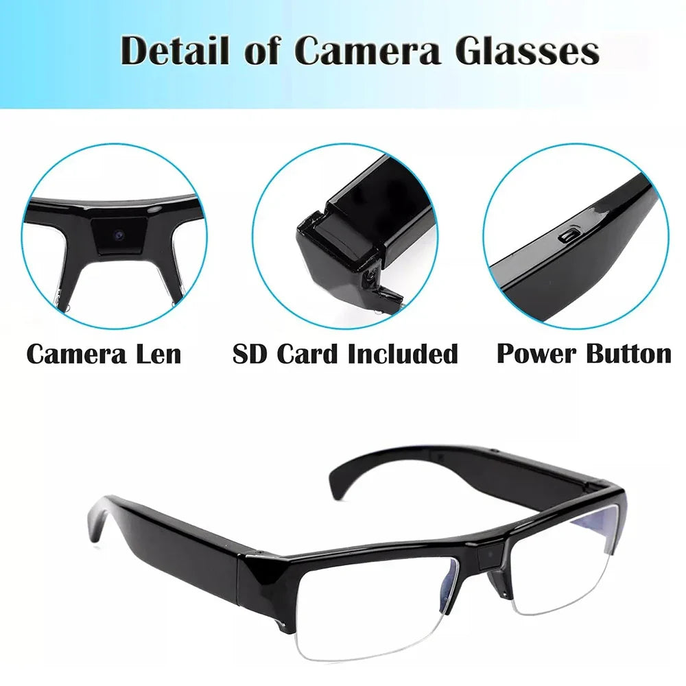 Black 1080P HD mini camera glasses with built-in DVR, wearable security camera for discreet recording, by OBA.