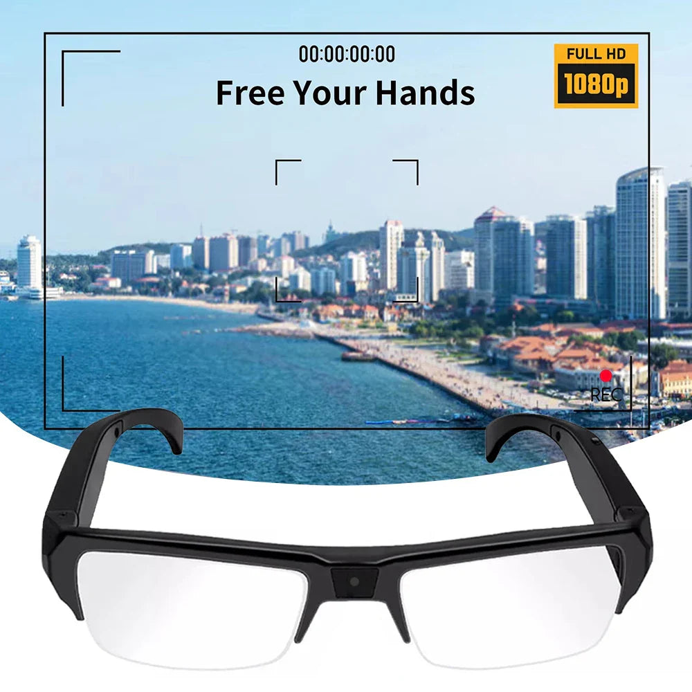 OBA 1080P HD mini camera glasses with built-in DVR, black wearable video recorder for security and surveillance.
