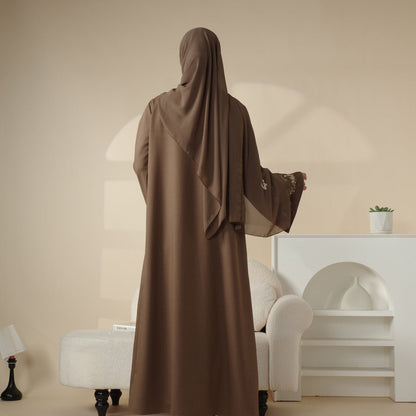 Olive Branch Embroidered Linen Abaya Set With Matching Belt & Hijab (MOA037)
