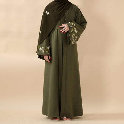 Olive Branch Embroidered Linen Abaya Set With Matching Belt & Hijab (MOA037)
