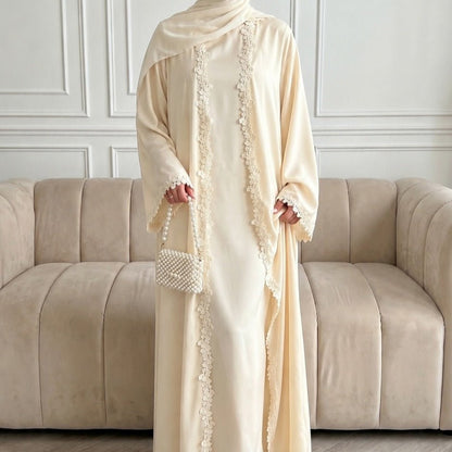 Open Front Abaya with 3D Floral Lace Trim(MOA318)