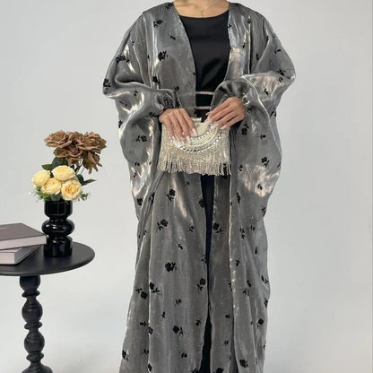 Organza Rose Flower Embroidery Butterfly Open Abaya (MOA115)
