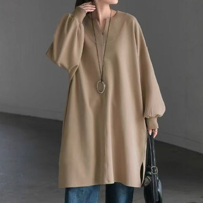 Oversized Cotton Sweatshirt Tunic | V-Neck Long Sleeve Pullover Top(MS210)