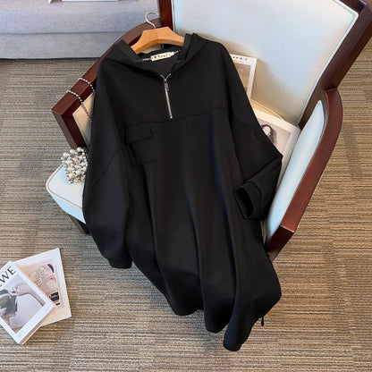 Oversized Half-Zip Hoodie Dress | Plus Size Midi Sweatshirt Dress(MS196)