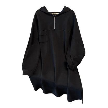 Oversized Half-Zip Hoodie Dress | Plus Size Midi Sweatshirt Dress(MS196)