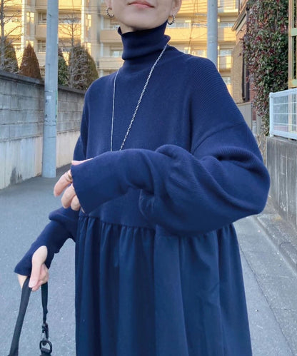 Oversized Turtleneck Maxi Dress | Bubble Sleeve Sweater Dress(MS180)