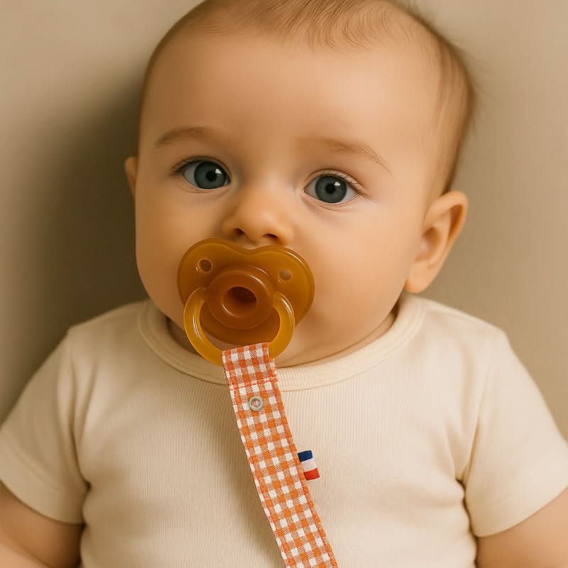 PAPATE cotton bibs with Vichy pattern, designed as teething and pacifier clips for babies.