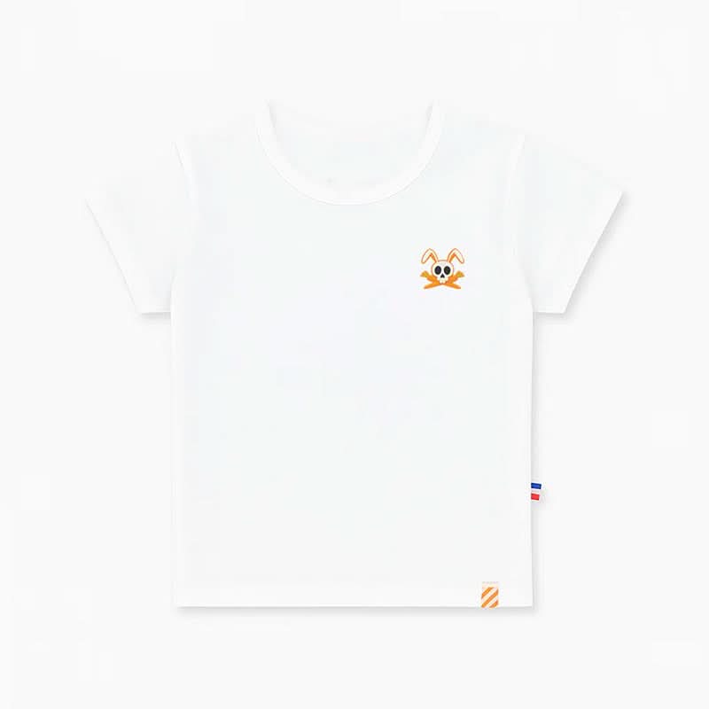 White organic cotton Hotot T-shirt for children by PAPATE, shown on a child model with a comfortable fit.