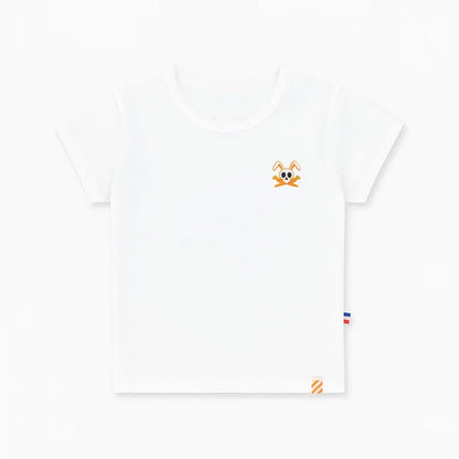 White organic cotton Hotot T-shirt for children by PAPATE, shown on a child model with a comfortable fit.