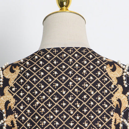 Pearl & Bead Embellished Vintage Blazer | Geometric Print Luxury Jacket(MS218)