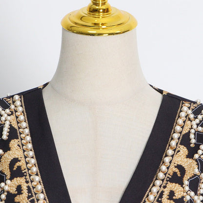 Pearl & Bead Embellished Vintage Blazer | Geometric Print Luxury Jacket(MS218)
