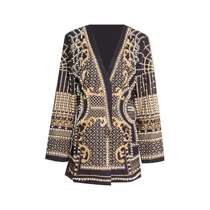Pearl & Bead Embellished Vintage Blazer | Geometric Print Luxury Jacket(MS218)