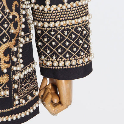 Pearl & Bead Embellished Vintage Blazer | Geometric Print Luxury Jacket(MS218)
