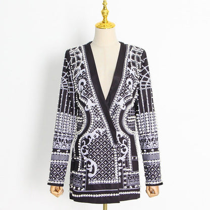 Pearl & Bead Embellished Vintage Blazer | Geometric Print Luxury Jacket(MS218)