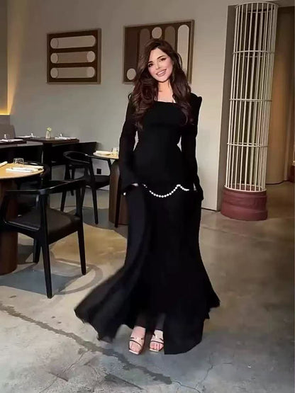 Pearl-Embellished Square Neck Maxi Dress | Modest Gowns with Long Sleeves(MA269)