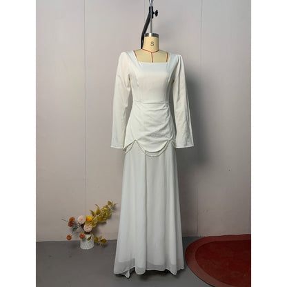 Pearl-Embellished Square Neck Maxi Dress | Modest Gowns with Long Sleeves(MA269)