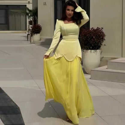 Pearl-Embellished Square Neck Maxi Dress | Modest Gowns with Long Sleeves(MA269)