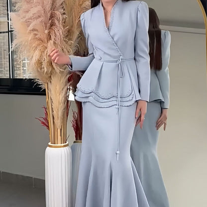 Pearl-Trimmed Blazer & Skirt Set(MS249)
