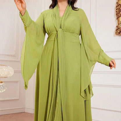 Plus Size Pleated Tie-Neck Maxi Dress(MS370)