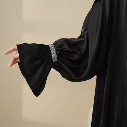 Poet Sleeve Satin Open Abaya With Matching Belt and Hijab (MOA009)