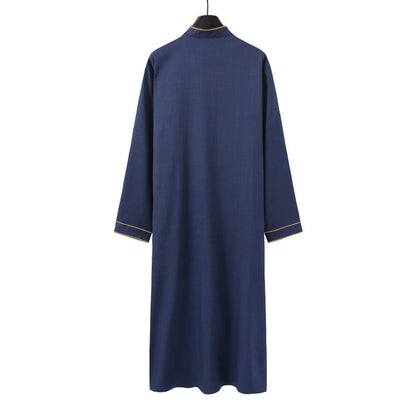 Premium Embroidered Stand Collar Thobe Navy & White Loose Fit Muslim Robe with Gold Stitching - Modest Casual Wear (MT034)