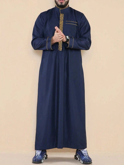 Premium Embroidered Stand Collar Thobe Navy & White Loose Fit Muslim Robe with Gold Stitching - Modest Casual Wear (MT034)