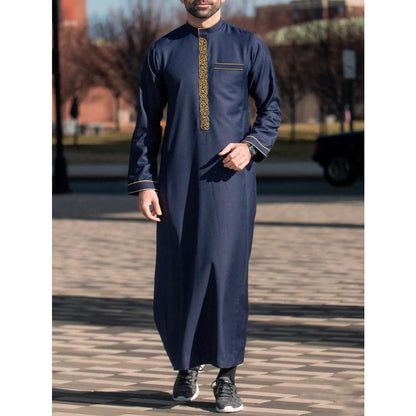 Premium Embroidered Stand Collar Thobe Navy & White Loose Fit Muslim Robe with Gold Stitching - Modest Casual Wear (MT034)