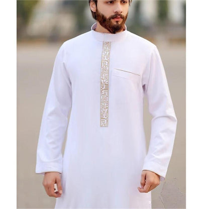 Premium Gold Islamic Geometric Print Men's Thobe Long Robe with Stand Collar & Side Pocket (MT028)