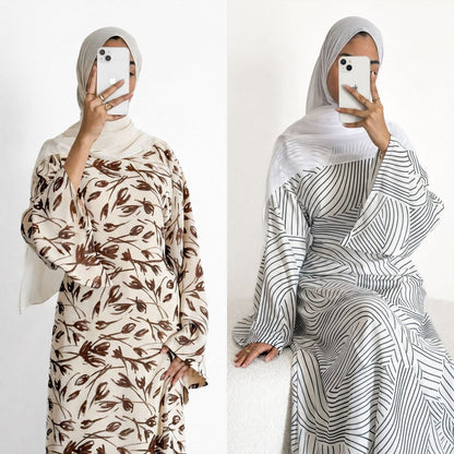 Printed Washed-Crinkle Bell Sleeve Maxi Dress(MS474)
