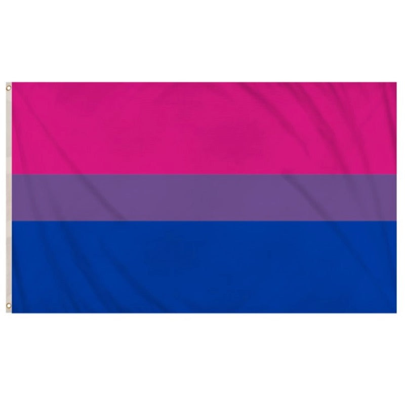 Bisexual Pride Flag by Proud Supplies, 5ft by 3ft, featuring horizontal pink, purple, and blue stripes on fabric.
