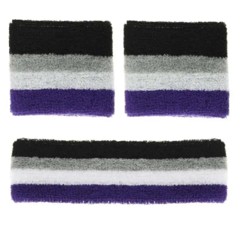 Asexual Pride sweatband set by Proud Supplies, featuring colorful rainbow-themed fabric and comfortable fit for awareness events.