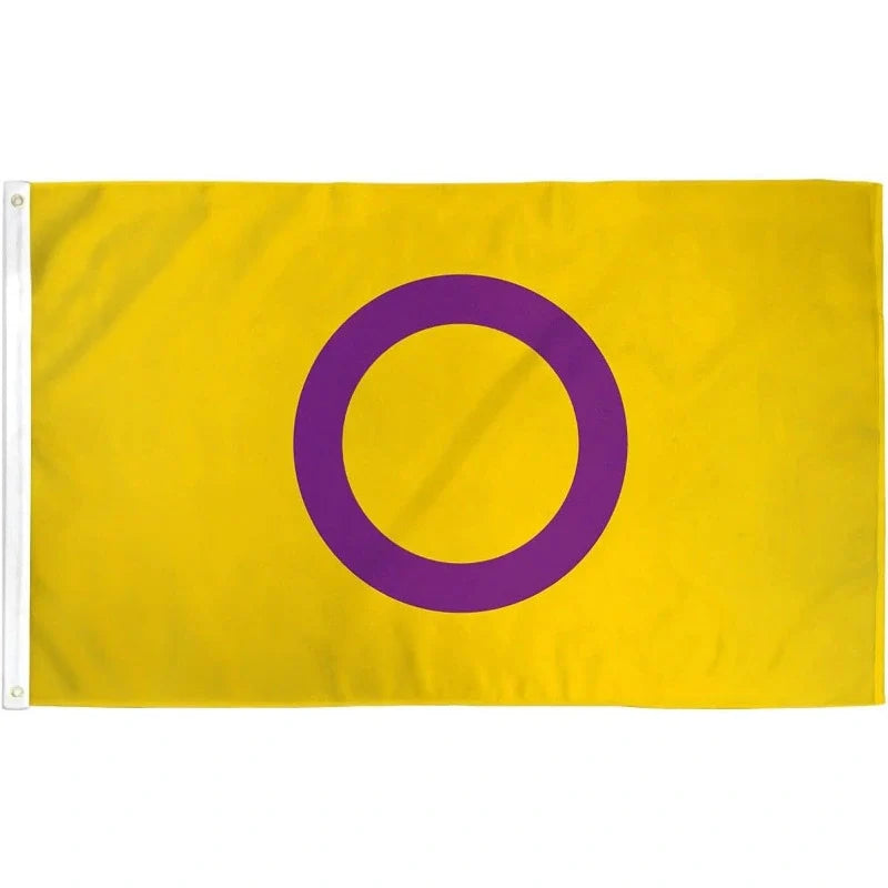 Intersex Pride Flag, 5ft by 3ft, featuring vibrant intersex pride colors, displayed hanging against a plain background.