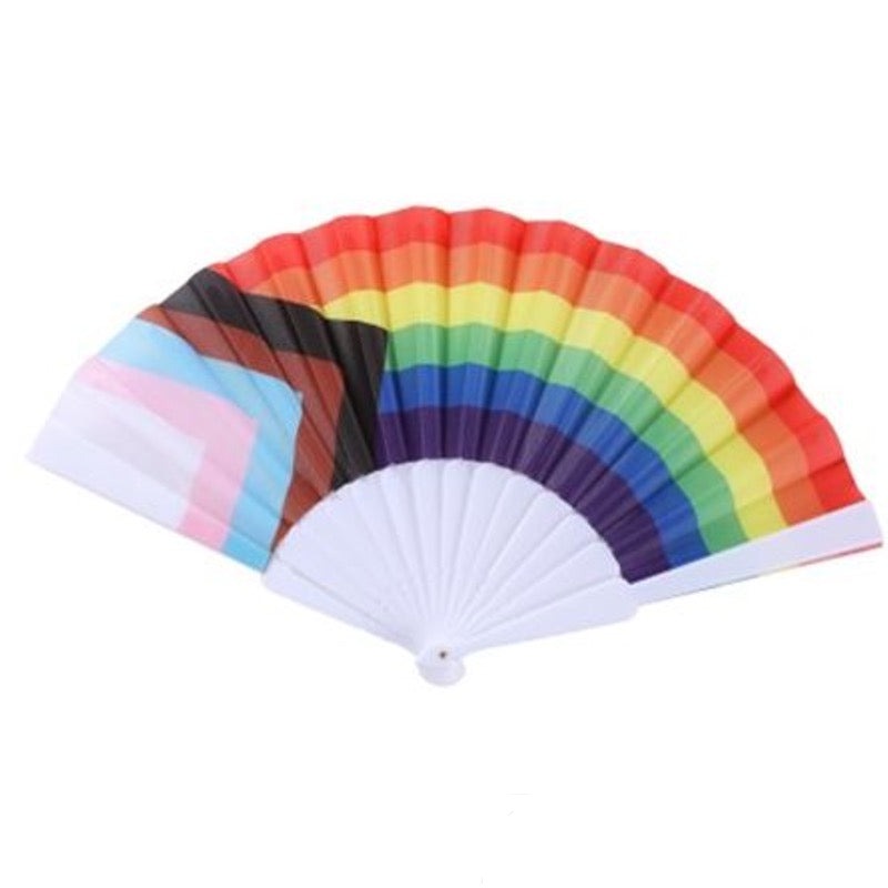 Progress Pride Flag handheld fan with vibrant rainbow colors and pride symbols, designed by Proud Supplies.