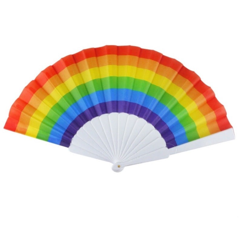 Rainbow Pride Flag handheld fan by Proud Supplies, featuring vibrant rainbow colors and a compact, portable design for celebrations.