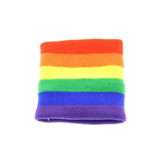 Rainbow Pride sweatband with colorful rainbow stripes, made by Proud Supplies for LGBTQ+ pride and active wear.