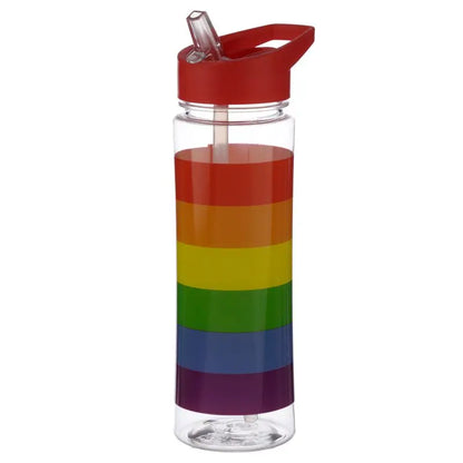 Reusable rainbow 550ml water bottle with flip straw from Proud Supplies, featuring vibrant rainbow colors and a secure lid.