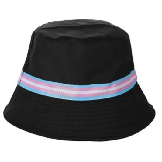 Transgender pride bucket hat with rainbow and transgender flag design, made by Proud Supplies.