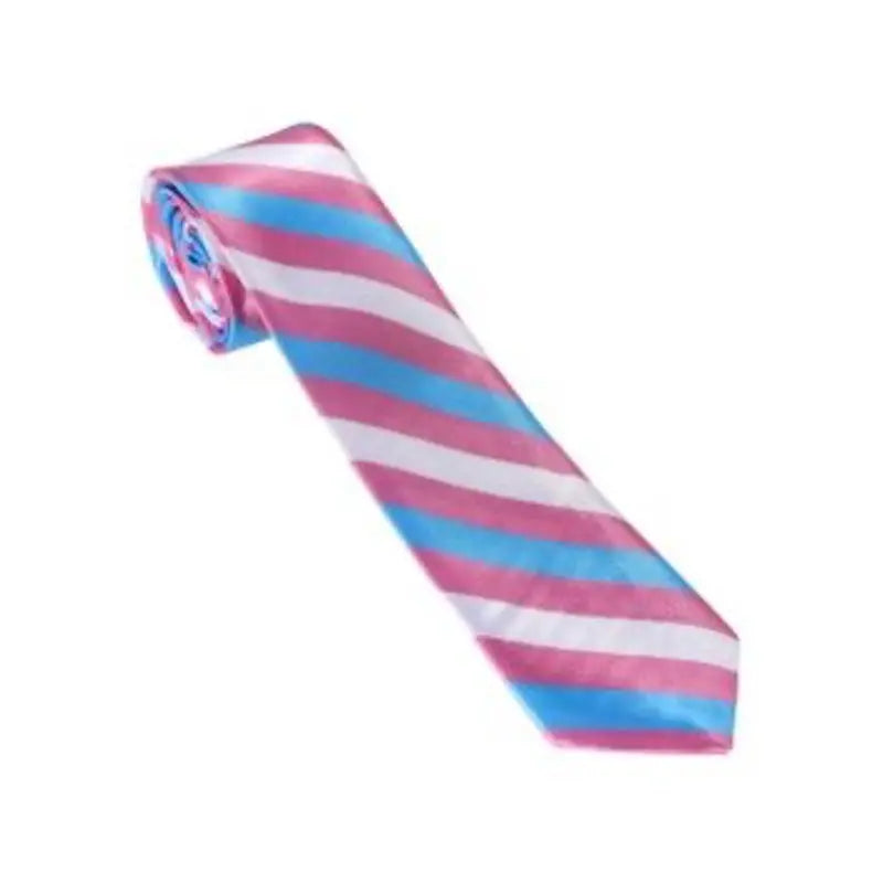Transgender pride tie featuring colorful rainbow stripes, designed by Proud Supplies for inclusive expression.