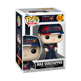 Max Verstappen action figure from Pop! Racing Formula One series by Ralphie's Funhouse, featuring detailed racing costume and helmet.