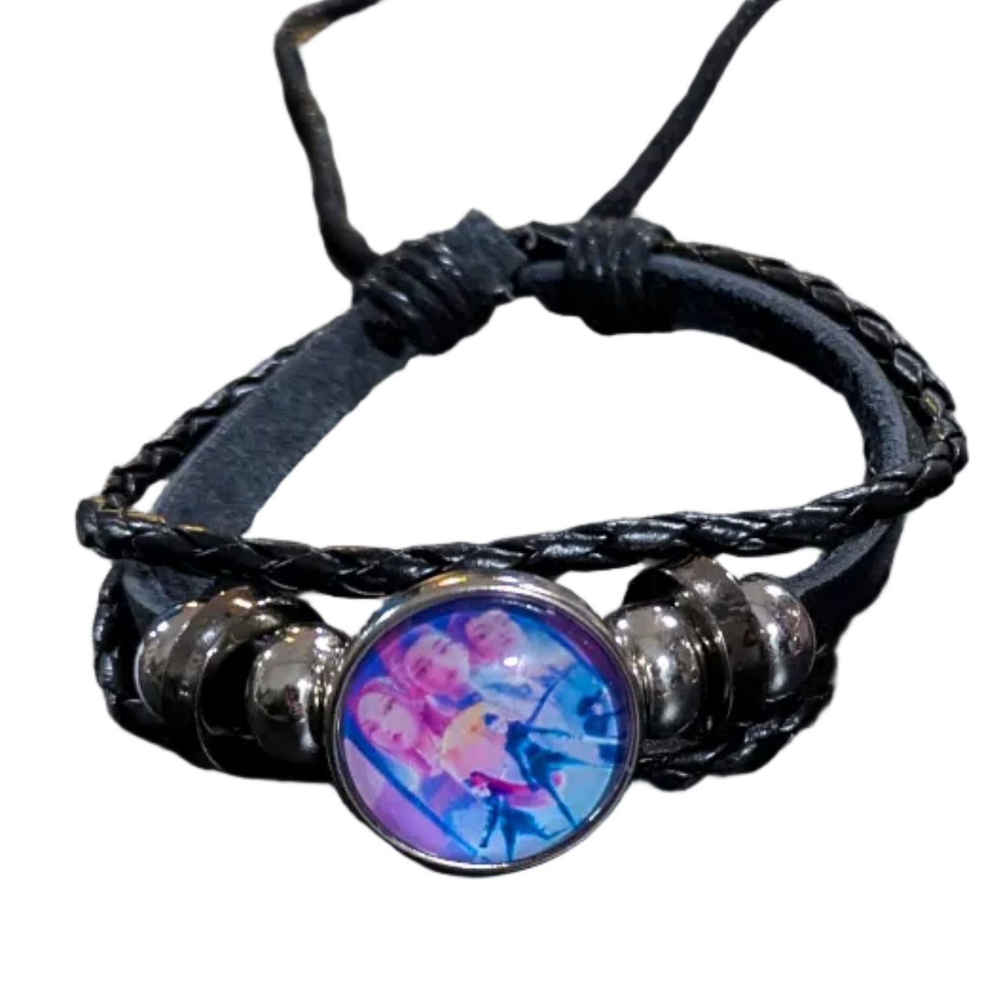 Black leather charm bracelet featuring K-POP Demon Hunters design by Ralphie's Funhouse, Fangirl Edition with metal and leather charms.